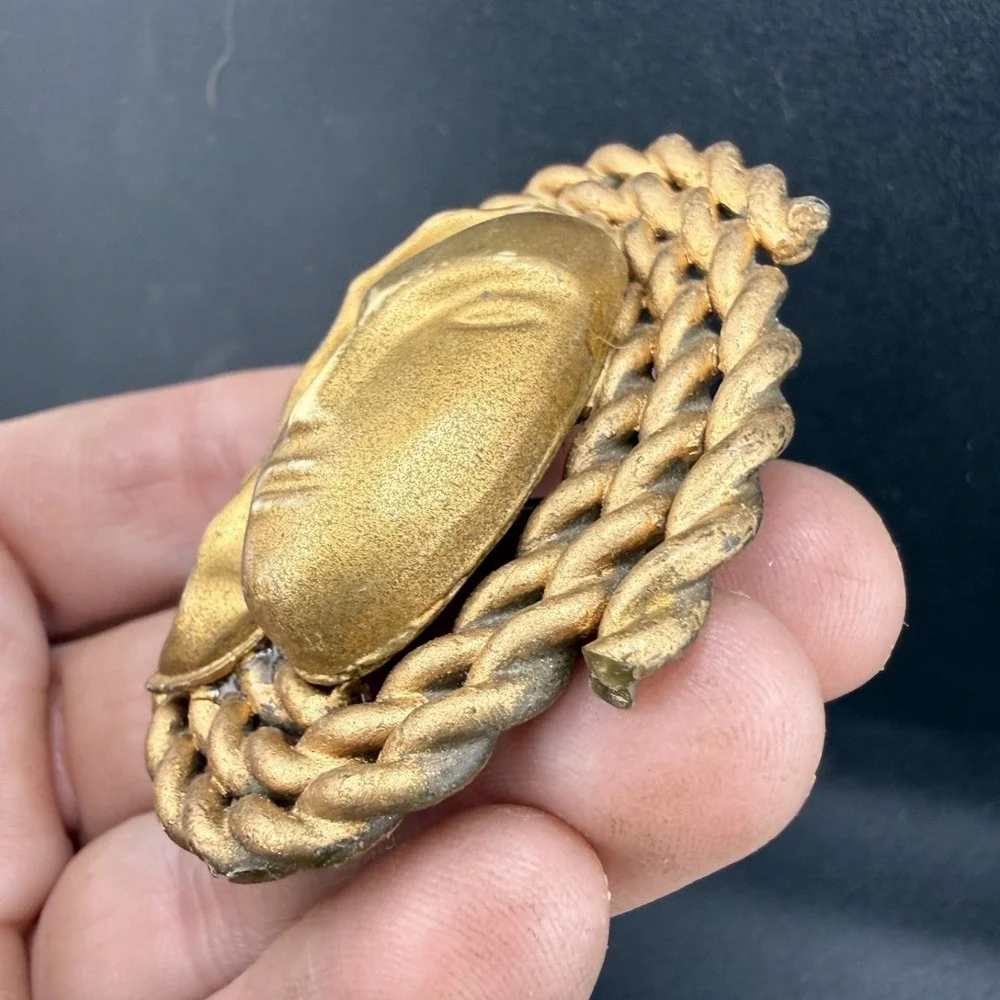 Vintage Estate Mask Brooch Gold Tone Face Rope Border Lightweight